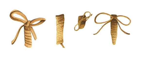 Set of knot and ropes for bunch of flowers. Watercolor isolated collection in vintage style. © Khaneeros