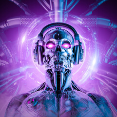 Techno music robot intelligence - 3D illustration of science fiction cyberpunk skull faced cyborg with headphones - 522678977