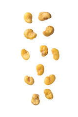 Fototapeta na wymiar Falling salted broad beans cutout, Png file.