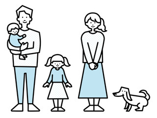 4人家族とペットの犬のイラスト素材セット
