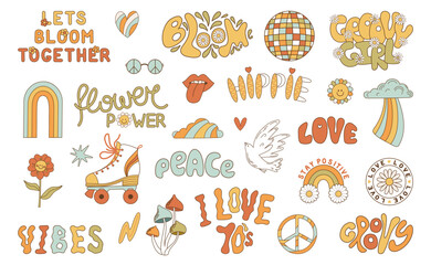 Set lettering and stickers retro 1970s. Psychedelic groove elements. Funny illustrations Pacific, mushroom and rainbow in flat style. Positive and peace symbols in vintage style. Vector - 522679785