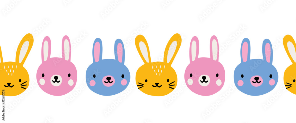 Wall mural Cute bunnies seamless vector border. Repeating pattern Happy Easter wishes rabbits. Use for baby decor, holiday cards, banners, ribbons, fabric trim, kids wear. - Wall murals