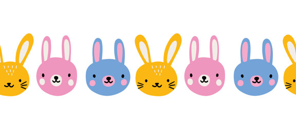 Cute bunnies seamless vector border. Repeating pattern Happy Easter wishes rabbits. Use for baby decor, holiday cards, banners, ribbons, fabric trim, kids wear.