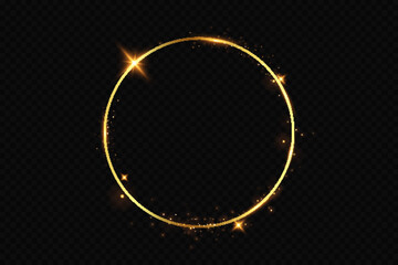 Abstract sparkling golden frame light effect on transparent background. Spark with ring glossy line.
