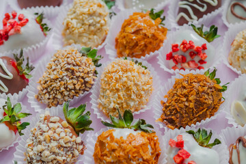 Set of different fresh chocolate covered strawberries - close up. Holiday, gift, confectionery, romantic and Valentine Day concept