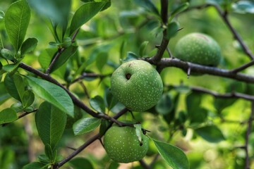 Young  fruits of quince on tree branch. Close up.