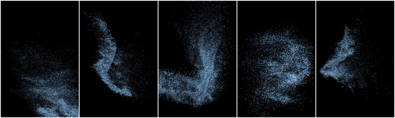 Set of abstract splashes of water on black background. Frozen motion of round particles. Rain, snow overlay texture. Vector Illustration, Eps 10.