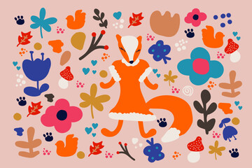 Fototapeta premium Trendy autumn creative illustration with fox and decorative elements.