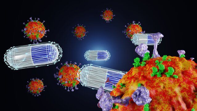 Corona virus cell with medicine pills around, 3d rendering.