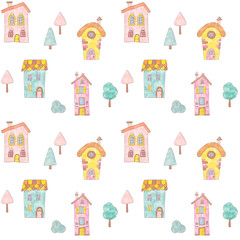 Obraz na płótnie Canvas Childish urban seamless pattern with cute pink houses and trees on a white background. Ideal for fabric, textile, wallpaper, prints, scrapbooking, party decoration. Hand drawn illustration