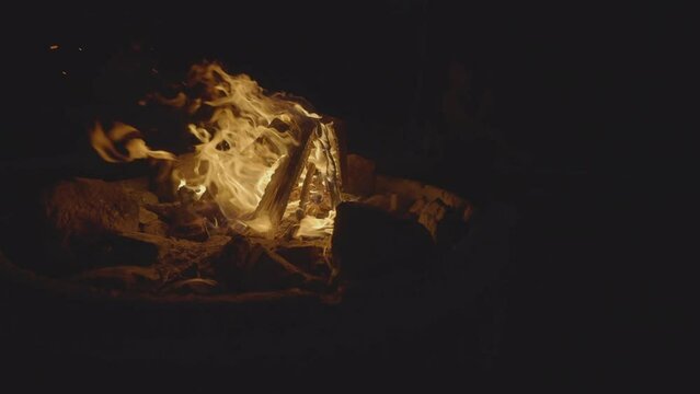 Burning camp fire in 120 fps SLog3 during dark hot summer night to learn survival and cooking food over open flame as a party