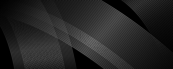 Abstract dark curve metal lines on black background. Elegant shiny steel silver lines. Metallic pattern. Modern luxury black and gray stripes texture. Suit for wallpaper, cover, header