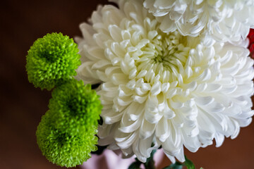 Delicate blossoming pink, white  flowers, blooming roses festive background, flower bouquet pastel image, soft petal. On dark grey rustic wooden background. Flowers background