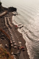 Aerial view of mediterranean sea empty beach. Amalfi coast