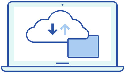 Virtual storage icon on laptop screen. Service for saving information and personal data protection. Virtualized keeping info system vector illustration. Uploading files, online data to digital storage