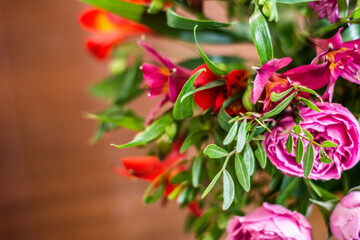 Delicate blossoming pink flowers, blooming 
 background, flower bouquet pastel image, soft petal.  Magenta peruvian lily alstroemeria.