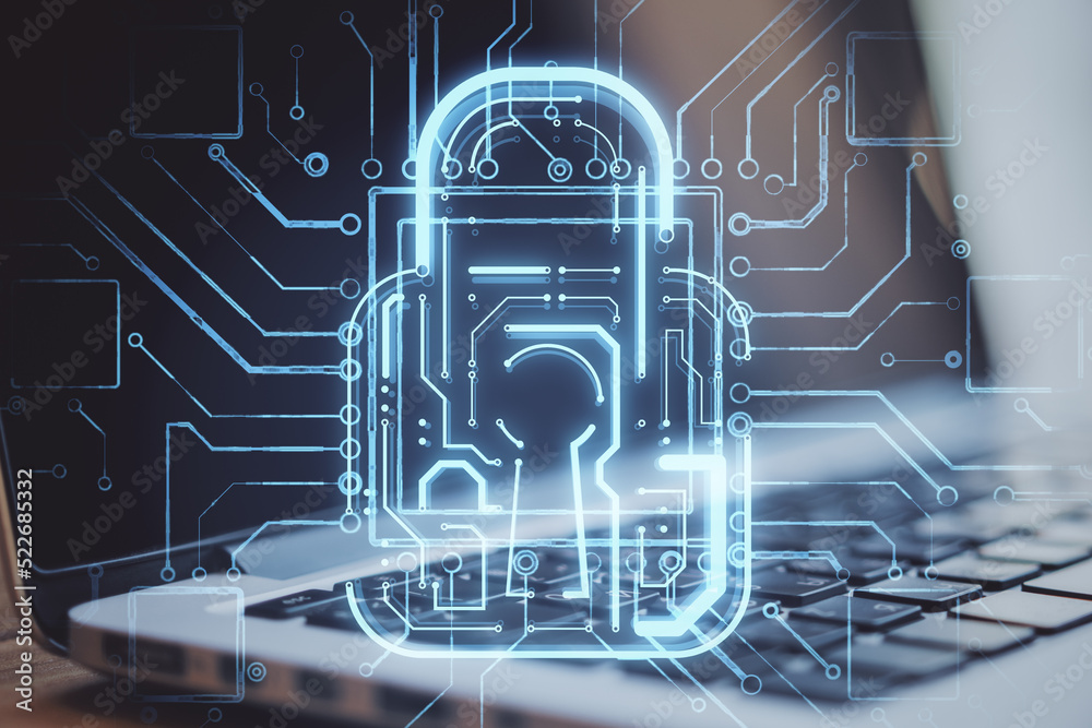 Poster Close up of laptop computer with creative glowing padlock circuit security hologram on blurry background. Safety and web protection concept. Double exposure.
