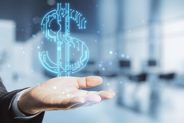 businessman hands holding abstract glowing blue circuit dollar hologram on blurry bokeh office interior background with mock up place. Online banking and financial technology concept. Double exposure.