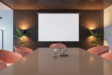 Modern meeting room interior with red furniture and empty white mock up billboard for presentation and advertisement. Workplace, law and legal concept. 3D Rendering.