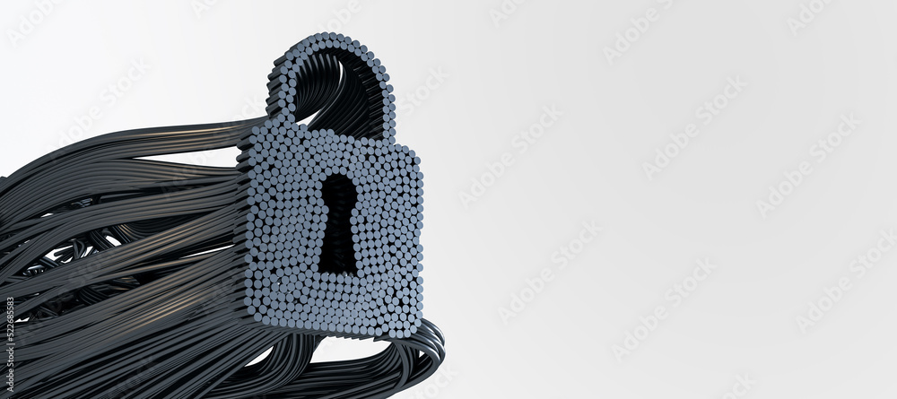 Poster abstract gray cable art padlock on wide white background with mock up place for advertisement, secur