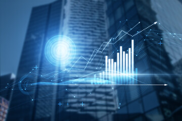 Abstract glowing polygonal business graph hologram with growing arrow on blurry blue city background. Financial growth, market and trade concept. Double exposure.