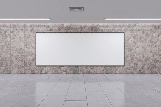 Creative marble underground hallway interior with empty mock up billboard on wall. Passage concept. 3D Rendering.