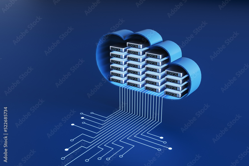 Aufkleber Abstract server room circuit cloud on blue background. Data storage and database concept. 3D Rendering.