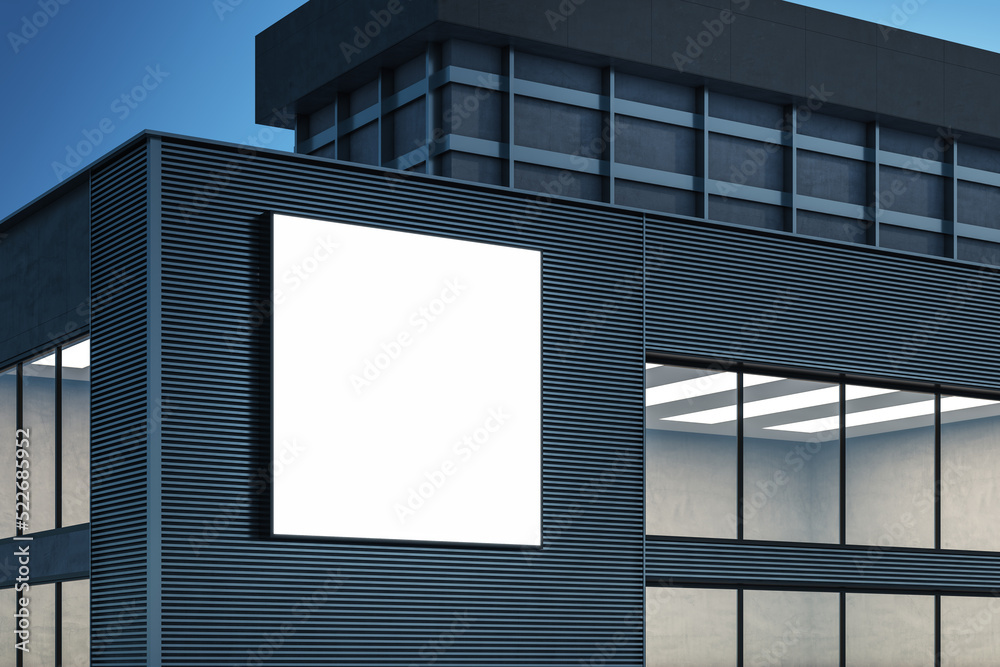 Aufkleber modern building exterior with empty white mock up banner billboard on night sky background. ad and c