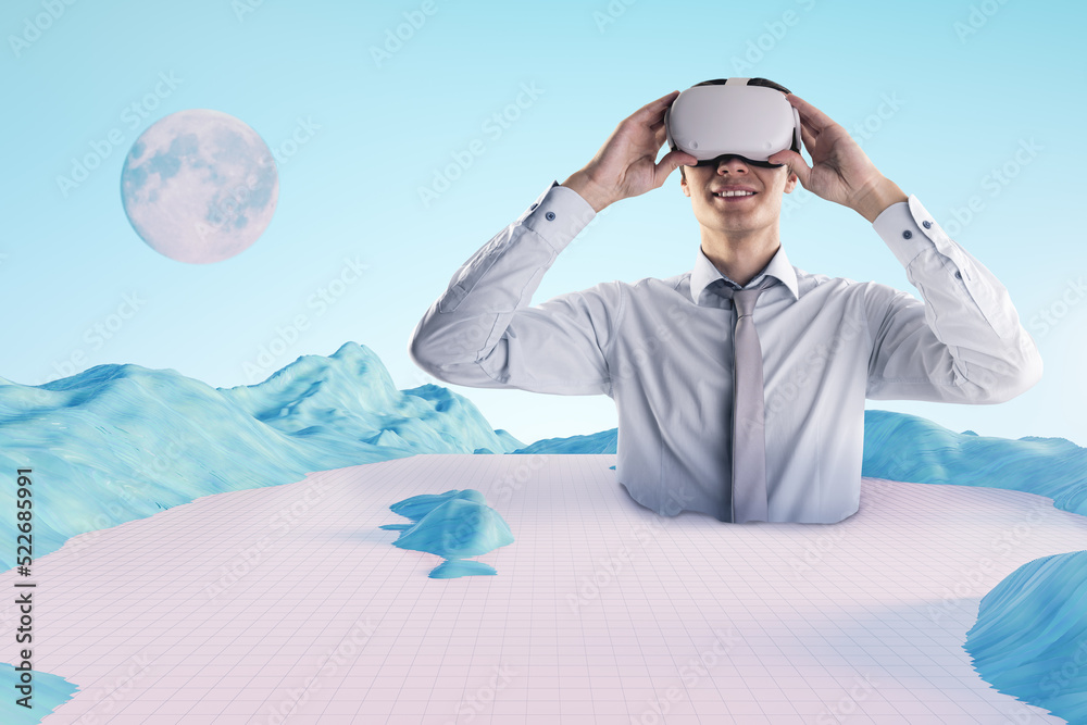 Poster smiling young man with vr glasses on abstract blue sand metaverse background. abstract world, future