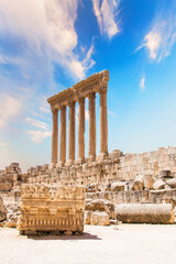 Beautiful view of the Massive columns of the Temple of Jupiter in the ancient city of Baalbek, Lebanon