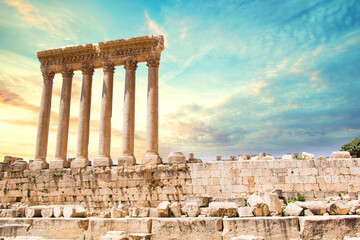 Beautiful view of the Massive columns of the Temple of Jupiter in the ancient city of Baalbek,...