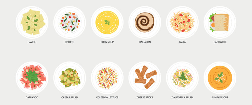 Set of different food vector icons for menu.