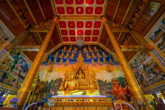 The gold Buddha statue is inside the temple at Wat Sri Panthon. Wat Sri Panthon is a very old temple and is famous in Nan, Thailand.