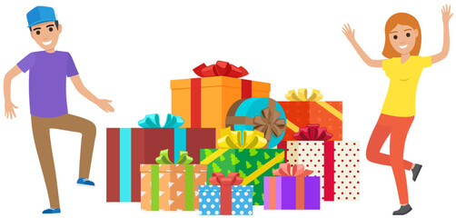 Happy woman dancing near stack of birthday gifts in wrapped boxes. Young smiling person recoices in giftboxes. Girl standing with presents. Male character raises his hands in happiness on holiday