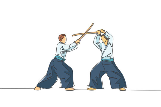 One continuous line drawing of young man aikido fighter practice using wooden sword at dojo training center. Martial art combative sport concept. Dynamic single line draw design vector illustration