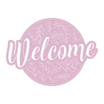 Wedding welcome banner with white leaf line on pink pastel background. Elegant and luxury style.