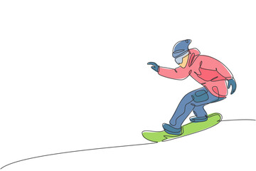 Obraz premium One continuous line drawing of young sporty man snowboarder riding snowboard in alps snowy powder mountain. Winter lifestyle sport concept. Dynamic single line draw design vector graphic illustration