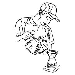 Barista making a cup of coffee line art.