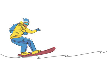 One continuous line drawing of young sporty man snowboarder riding snowboard in alps snowy powder mountain. Winter lifestyle sport concept. Dynamic single line draw design graphic vector illustration