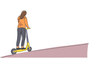 Single continuous line drawing of young happy woman riding electric scooter at public area. Eco friendly transportation. Urban lifestyle concept. Trendy one line draw design vector illustration
