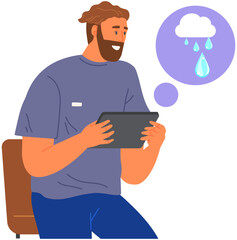 Man checks weather and air temperature in application. Program with forecasts on tablet vector illustration. Guy using meteorological app with weather forecast. Climate change indicator, rain, thunder