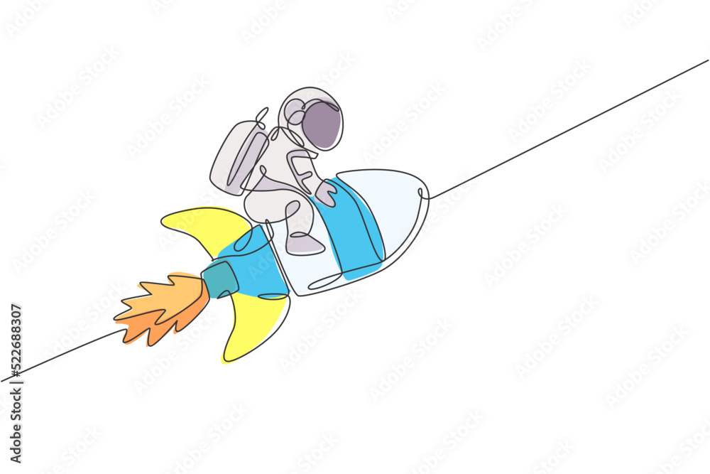 Poster single continuous line drawing of astronaut in spacesuit flying at outer space while sitting and rid