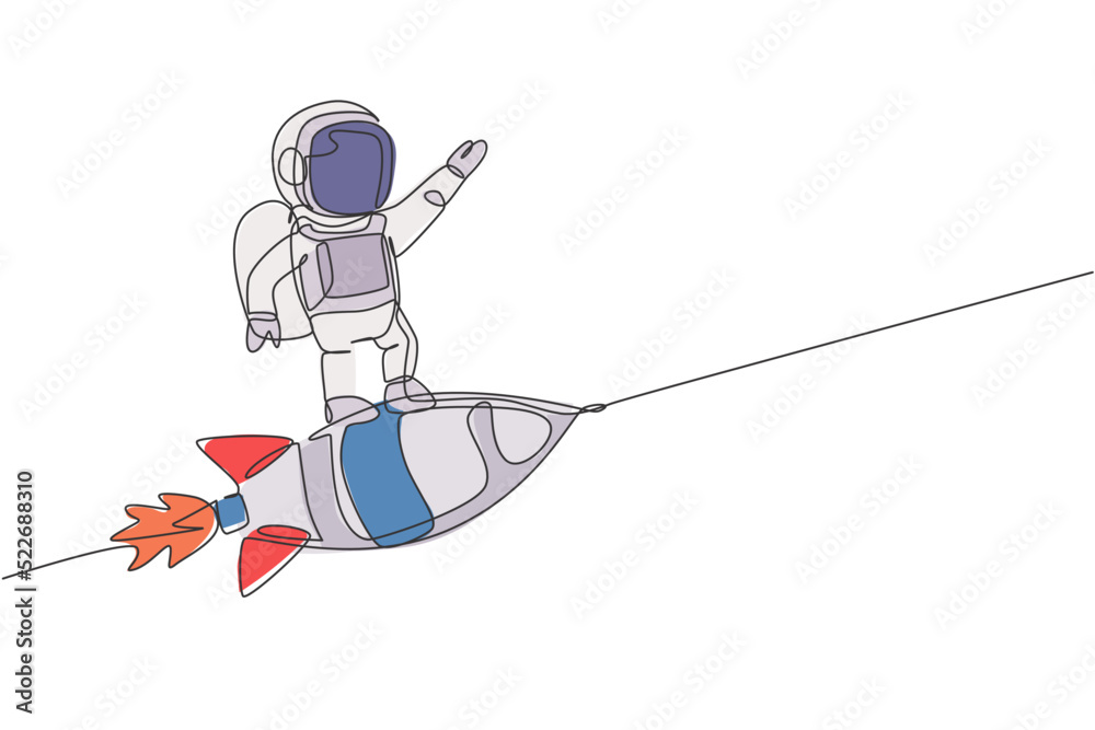 Poster single continuous line drawing of astronaut in spacesuit flying at outer space while standing on roc