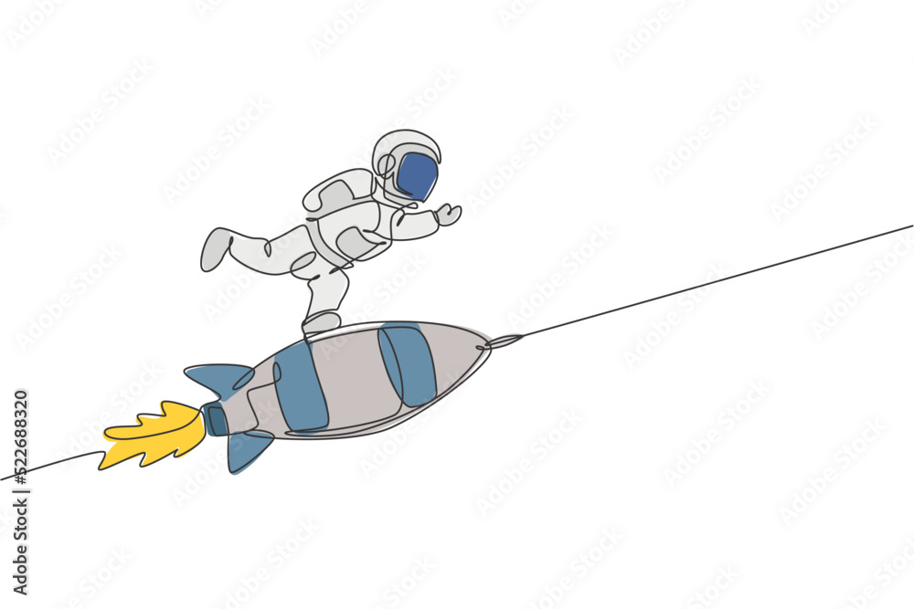 Poster one single line drawing of astronaut in spacesuit floating and discovering deep space while standing