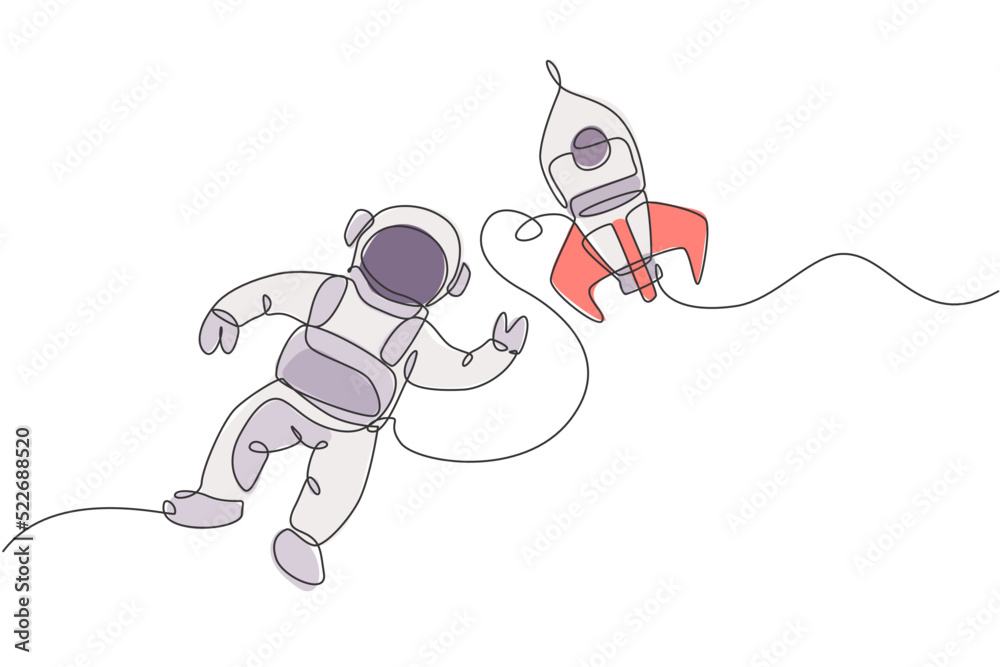 Poster one single line drawing of astronaut in spacesuit floating and discovering deep space with rocket sp