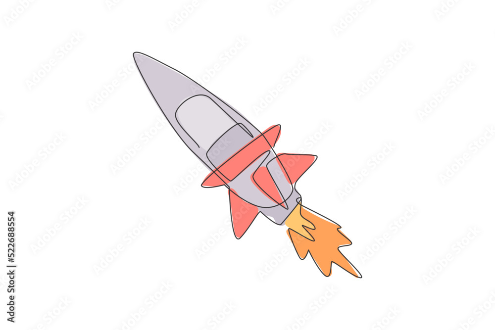 Poster one continuous line drawing of simple retro spacecraft flying up to the outer space nebula. rocket s