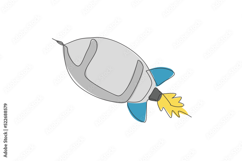 Poster one continuous line drawing of simple retro spacecraft flying up to the outer space nebula. rocket s