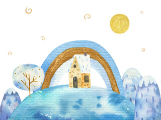 cute winter watercolor landscape, childish watercolor illustration, wall art with mountains, trees, houses, rainbow, stars © Ilona