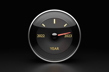 Naklejka premium 3D illustration close up black speedometer with cutoffs 2022,2023 and calendar months. The concept of the new year and Christmas in the automotive field. Counting months, time until the new year.