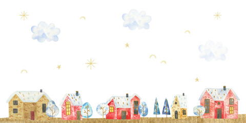 cute winter watercolor landscape, childish watercolor illustration, wall art with mountains, trees, houses, rainbow, stars © Ilona